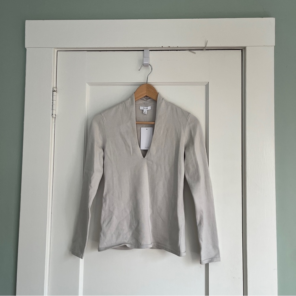 Reiss Soft Dove Gray Shawl Collar Sweater Top